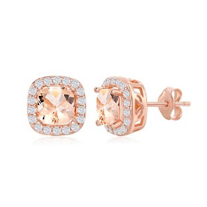 Bella Silver Sterling Silver Square Morganite CZ with White CZ Border Earrings - Rose Gold Plated - Rose - 1 of 2