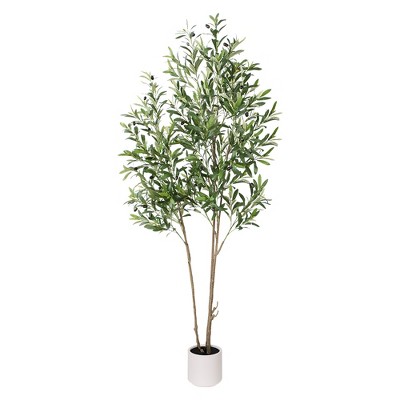 Tree City 5.9Ft Tall Faux Olive Tree with 3 Trunks & 1000 Lifelike Leaves - Potted Artificial Plant with Black Sand for Home Decor