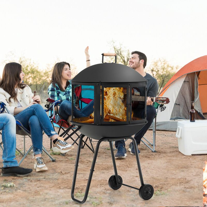 Tangkula Portable Fire Pit w/ Wheels 28" Wood Burning Fire Pit w/ Log Grate Poker Rolling Patio Fireplace Bonfire Firepit for Outdoor Entertaining, 3 of 11