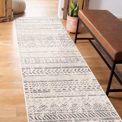 Gray Geometric Distressed Bohemian Runner Rug