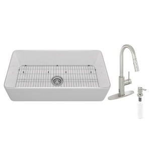 CASAINC 33'' Rectangular Single Bowl Fireclay Farmhouse Apron Kitchen Sink with Pullout Faucet, White - 1 of 4