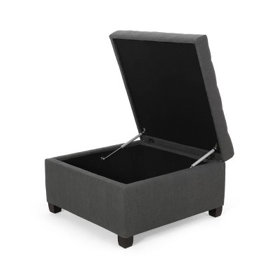 Dark Gray Tufted Fabric Storage Ottoman with Birch Legs