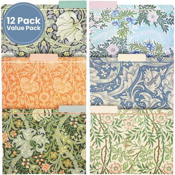 The Gifted Stationery 12 Pack William Morris Floral File Folders, Decorative 1/3 Cut Tab, Letter-Size Holders for Home Office in 6 Patterned Designs