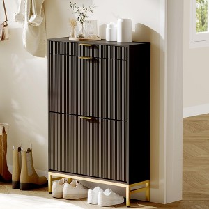 Fluted Shoe Storage Cabinet, Narrow Shoe Organizer with 2 Flip Drawers - 1 of 4