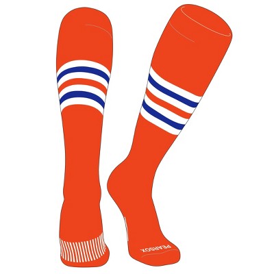 PEAR SOX Striped OTC Baseball, Softball, Football Socks (F) Orange, White, Royal