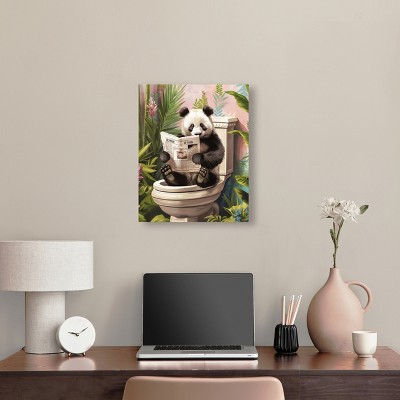 Whimsical Panda Reading Newspaper Tropical Canvas Wall Art, 20" x 16"