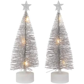Northlight Set of 2 LED Pre-Lit Silver Mini Bottle Brush Pine Christmas Village Trees