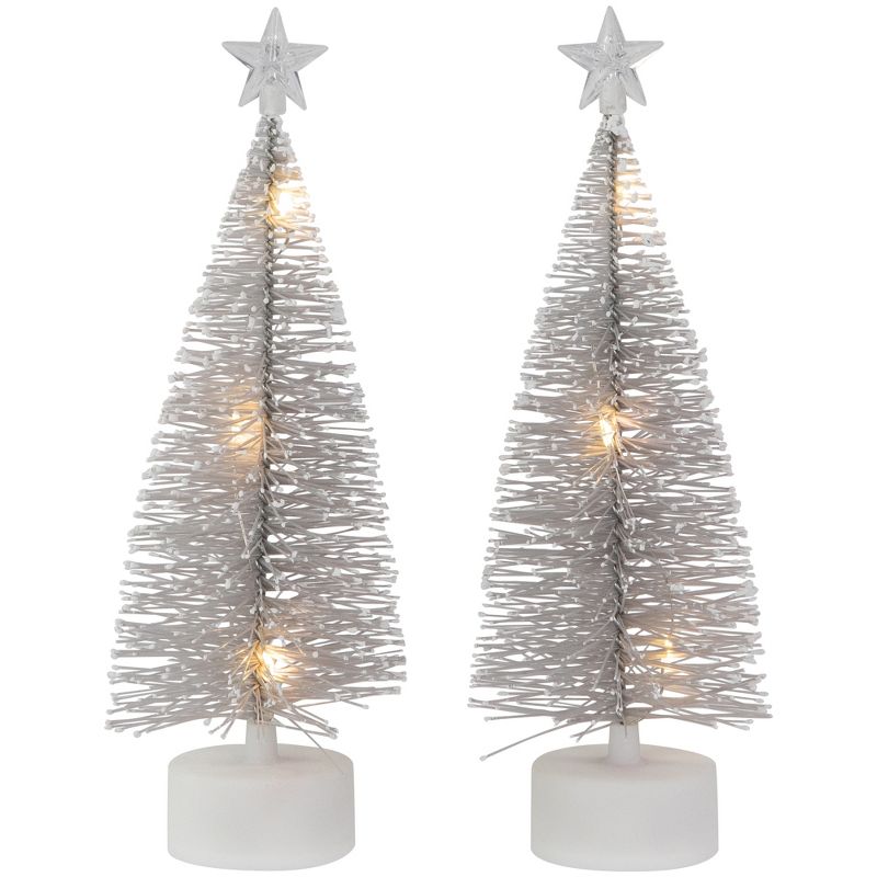 Northlight Set of 2 LED Pre-Lit Silver Mini Bottle Brush Pine Christmas Village Trees, 1 of 7