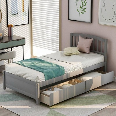 Streamdale Twin Platform Storage Bed Wood Bed Frame with Two Drawers and Headboard, Gray