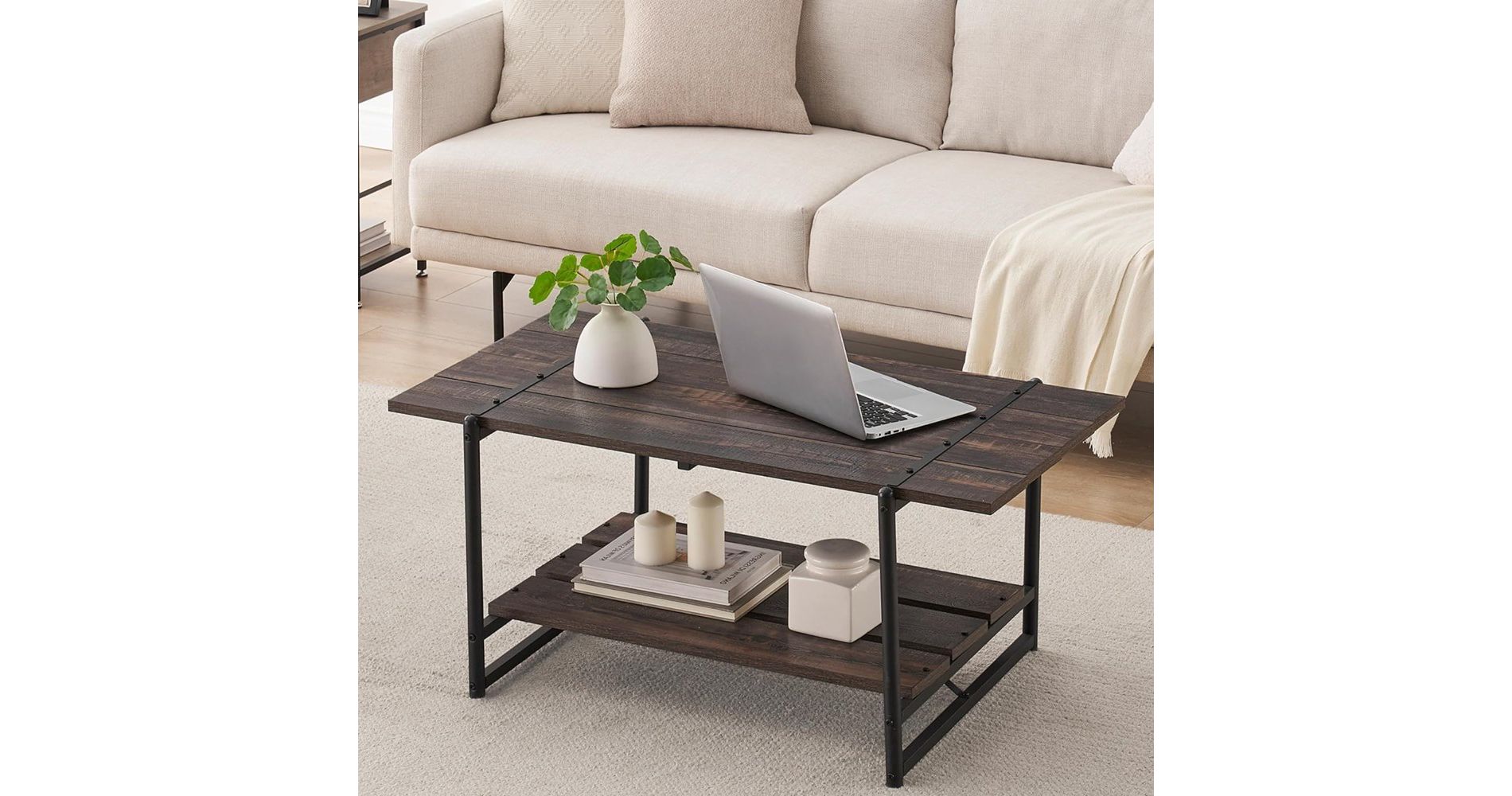 2-Tier Farmhouse 41'' Large Wood Coffee Table with Shelf -Modern Rustic Metal Rectangle Center Living Room