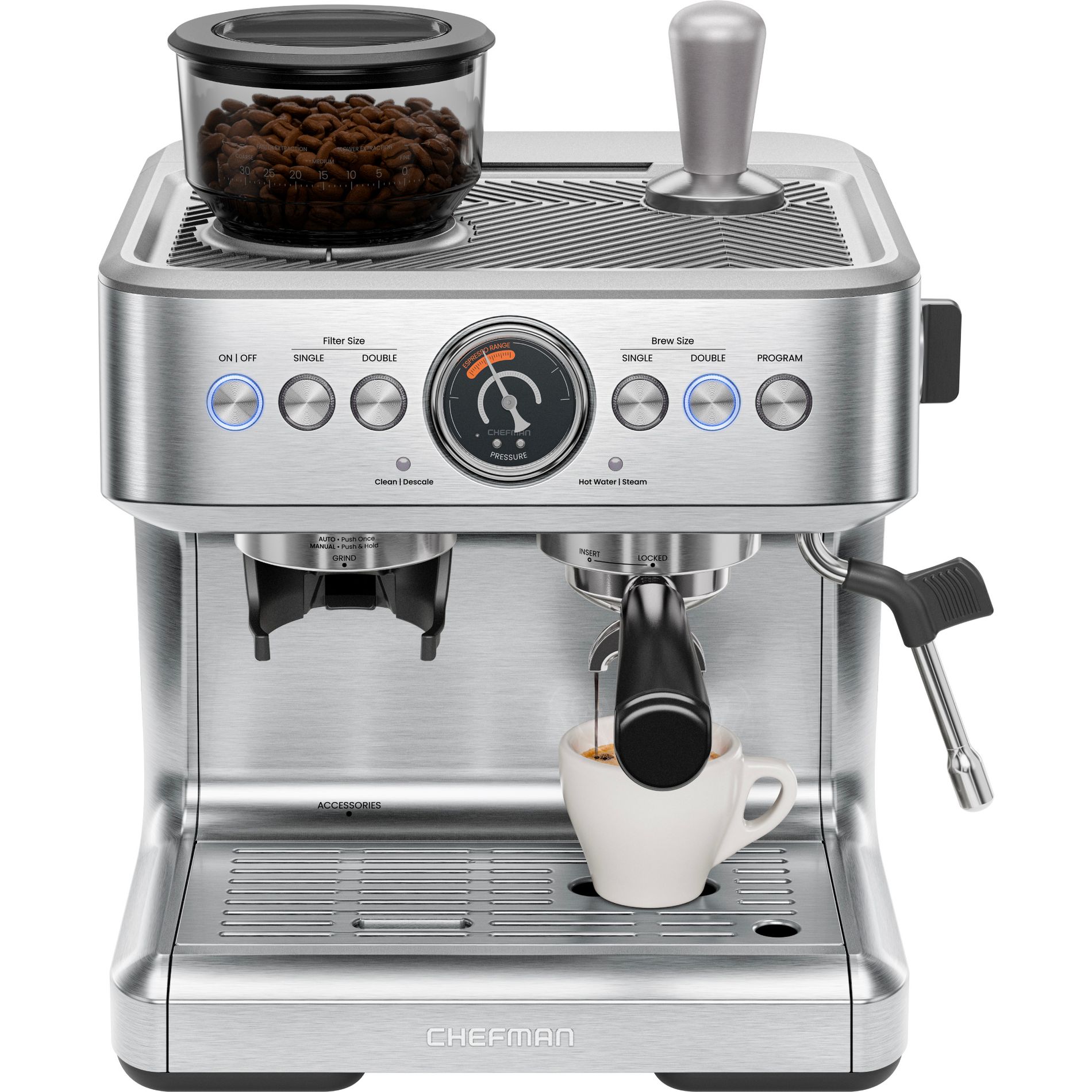 Chefman Crema Supreme Espresso Machine with Conical Burr Grinder and Steam Wand – Stainless Steel