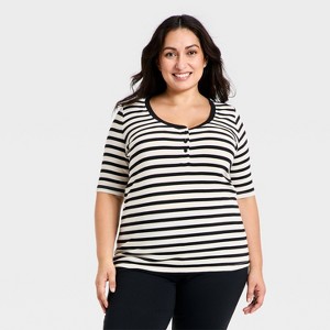 Women's Slim Fit Elbow Sleeve Button-Front Ribbed Henley Top - Ava & Viv™ - 1 of 3