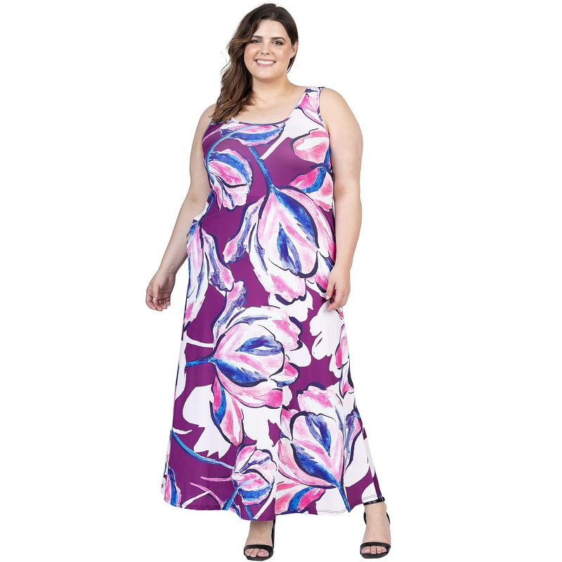 24seven Comfort Apparel Plus Size Casual Purple Floral Scoop Neck Sleeveless Maxi Dress With Pockets, 1 of 7
