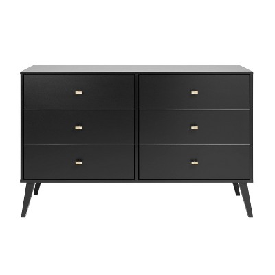 Image of Mid-Century Modern 6 Drawer Dresser Black - Prepac: Laminated, Metal Glides, Tapered Legs