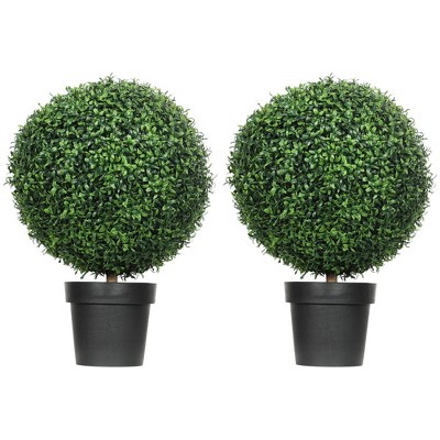 HOMCOM Set of 2 Fake Plants, Artificial Trees in Pot, Ball Boxwood Topiary Tree, Green