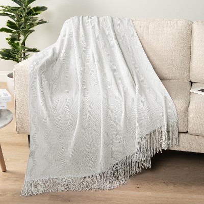 White Knit Textured Fleece Throw Blanket with Fringe Tassels