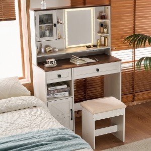 KTMBDW Makeup Vanity Desk with Mirror and Lights, Dressing Table Set with Charging Station and Stool, 2 Drawers, Shelves and Side Cabinet for Bedroom - 1 of 4