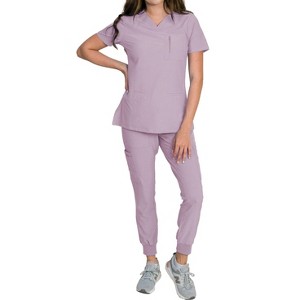 Medgear Fleur Women's Stretch Scrub Set with Zip Chest Pocket Top and Knit Rib Cuffs Jogger Pants - 1 of 4