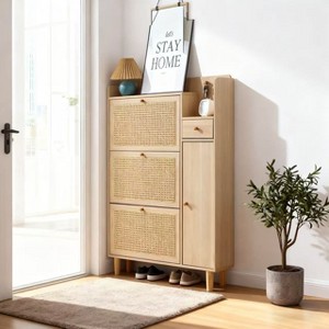 Homy Casa Rattan Shoe Cabinet with Flip Drawers and Side Storage, Natural Oak - 1 of 4