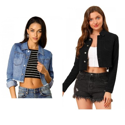 INSPIRE CHIC Women's Turn Down Frayed Button Down Washed Cropped Denim Jacket 2 Packs