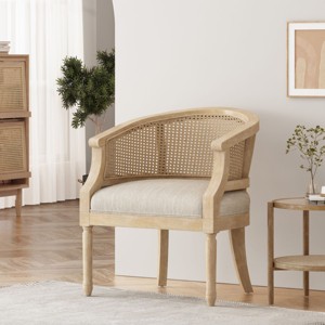 French Country Accent Chair with Rattan Back,Upholstered Seat and Solid Wood Frame for Living Room-Baofuwish - 1 of 4