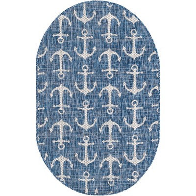 Oval Blue and Gray Synthetic Kids' Outdoor Rug