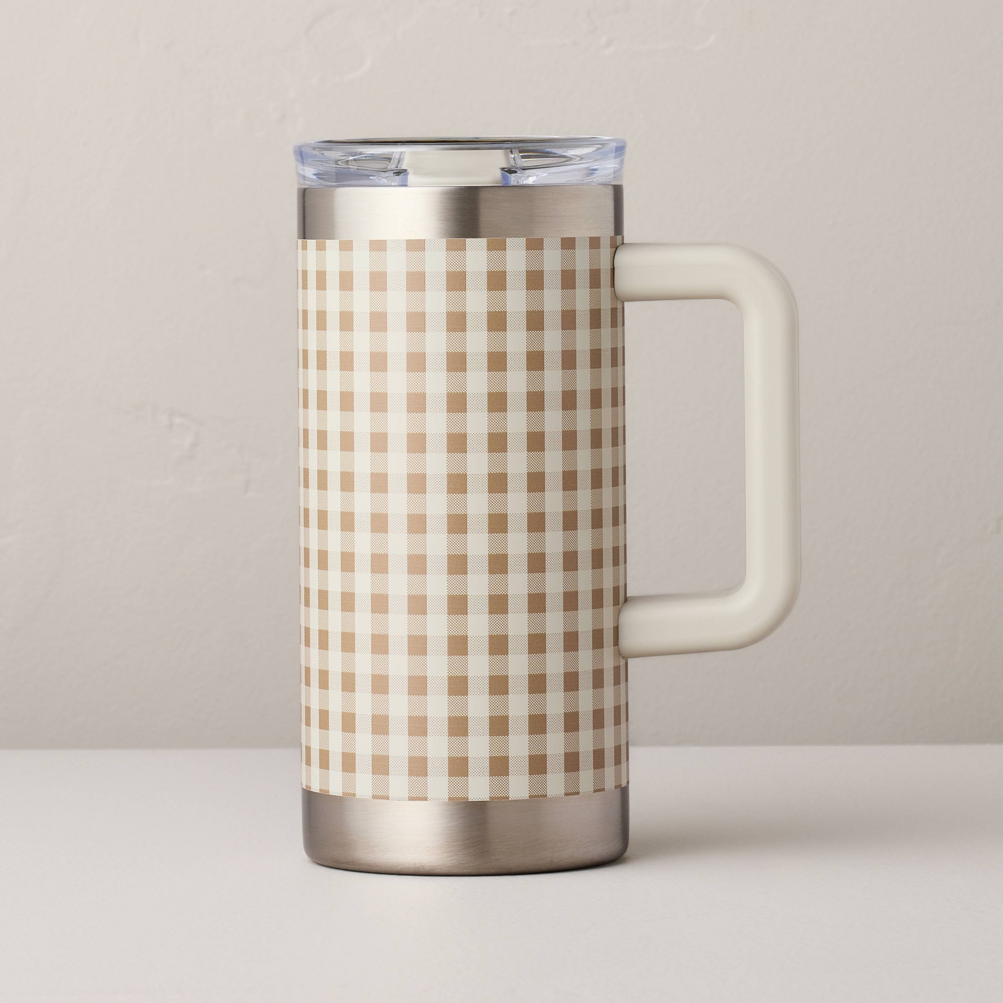20 fl oz Large Stainless Steel Insulated Travel Mug Tan Gingham - Hearth & Hand™ with Magnolia