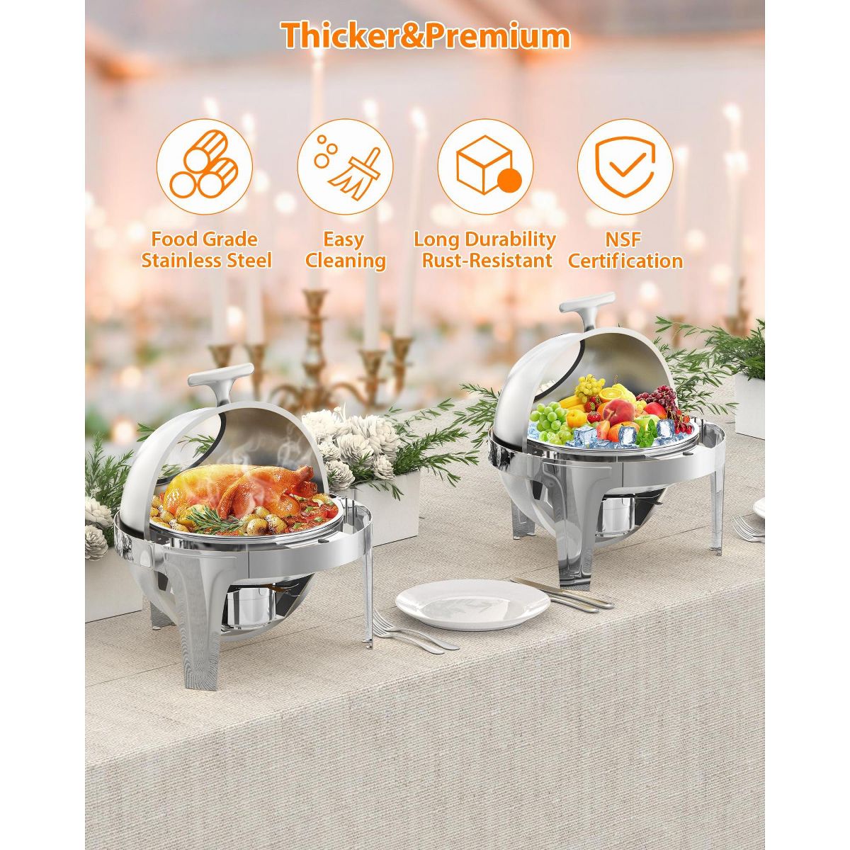 Roll Top Chafing Dish Set - Full Size Stainless Steel Buffet Warmer with Glass Window for Weddings & Events, Silver - thumbnail 5