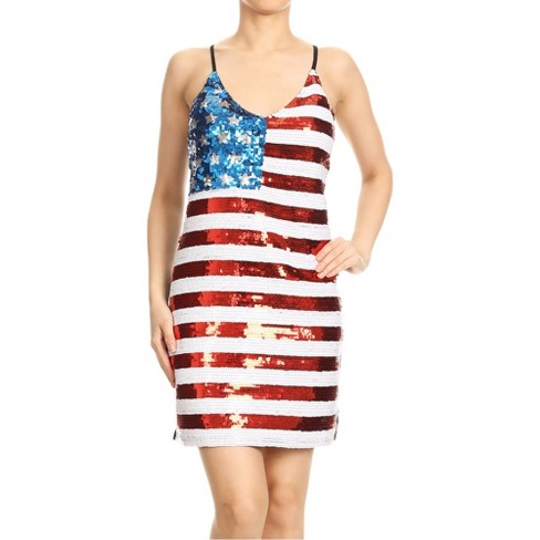 Women's American Flag Sequin Dress - Patriotic Spaghetti Strap Mini Dress For 4th Of July & Parties