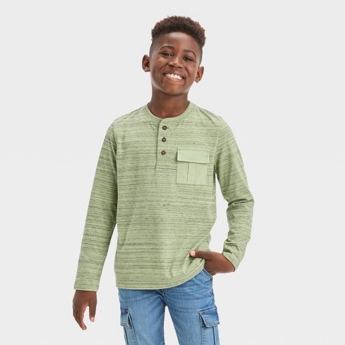 Boys' Long Sleeve Pocket Henley Shirt - Cat & Jack™ Olive Green XL