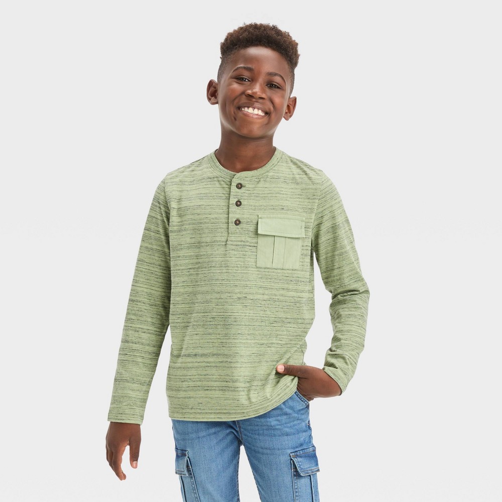 (Size:L)Boys' Long Sleeve Pocket Henley Shirt - Cat & Jack™ Olive Green L