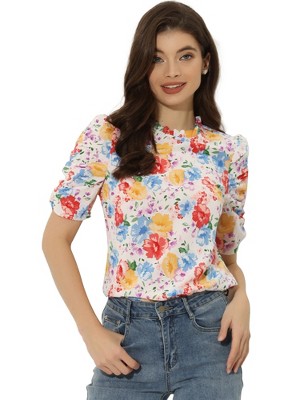 Allegra K Women's Floral Ruffle Mock Neck Puff Short Sleeves Chiffon Blouses