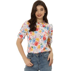 Allegra K Women's Floral Ruffle Mock Neck Puff Short Sleeves Chiffon Blouses - 1 of 4