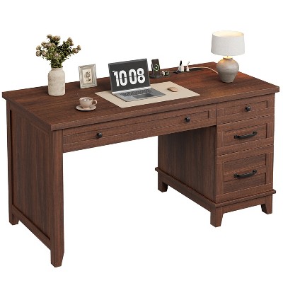 Garvee Executive Desk with Drawers, Farmhouse Home Office Desk with Charging Station, 53.54" Wooden Computer Writing Desk with File Cabinet Storage