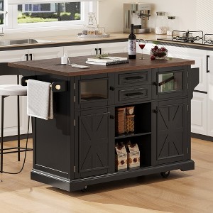 Whisen 54.9" Kitchen Island, Drop Leaf, Power Outlet, Cross Barn Doors & 4 Wheels - 1 of 4