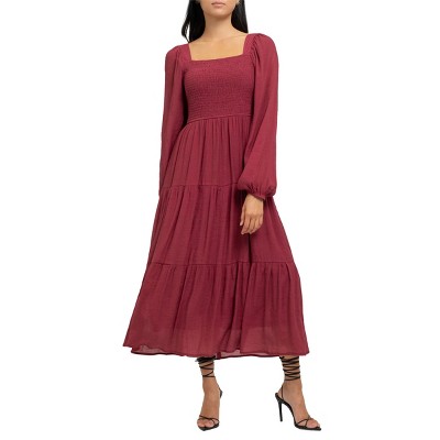 August Sky Women's Long Sleeve Smocked Midi Dress_rdm2046_burgundy ...