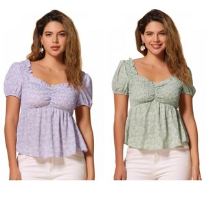 INSPIRE CHIC Women's Short Sleeve Floral Sweetheart Neck Shirred Ruffle Peasant Top 2 Packs - 1 of 4