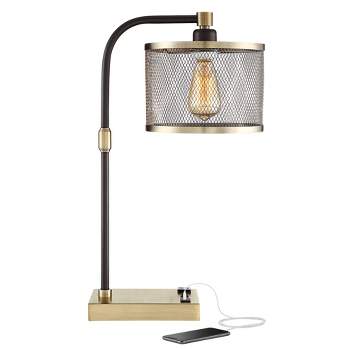 360 Lighting Brody Industrial Desk Lamp 22 1/4" High Antique Brass with USB and AC Power Outlet in Base Black Perforated Metal Shade for Living Room