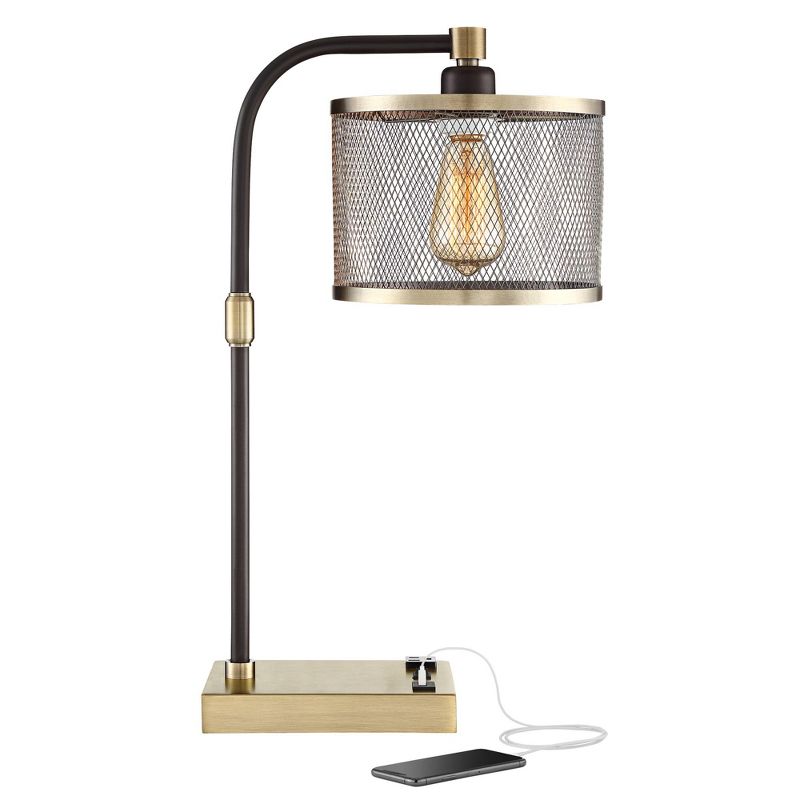 360 Lighting Brody Industrial Desk Lamp 22 1/4" High Antique Brass with USB and AC Power Outlet in Base Black Perforated Metal Shade for Living Room, 1 of 11