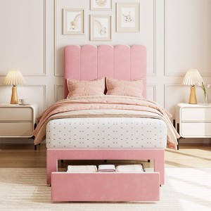 Twin Bed Frame with Under-Bed Drawer, Upholstered Platform Bed with Wave Headboard for Kids/Girls No Box Spring Needed - 1 of 4