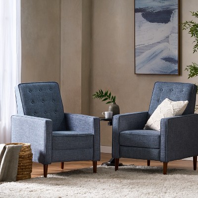 Dark Blue Microfiber Mid-Century Modern Recliner Set