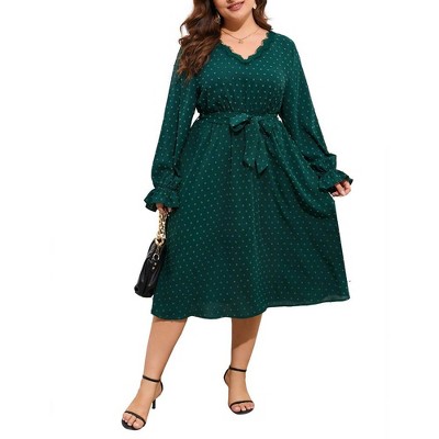 Plus Size Womens V Neck Long Sleeve Swiss Dot Boho Dress Empire Waist Ruffle Flowy A Line Midi Dress, Dark Green, 4XL