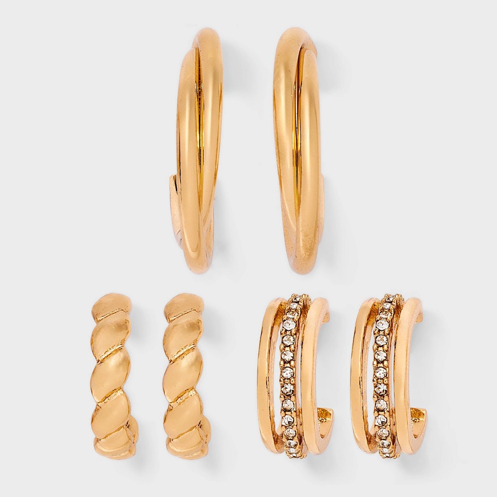 Photos - Earrings Twisted Hoop Earring Set 3pc - A New Day™ Clear/Gold: Nickel-Free Metal, Post Closure