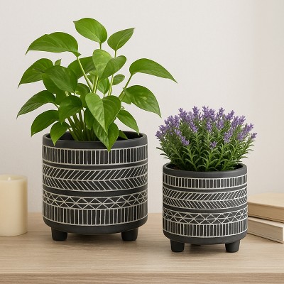 Sagebrook Home 2-Piece Set of Ceramic Planters Stylish Footed Plant Stand Set for Indoor or Outdoor