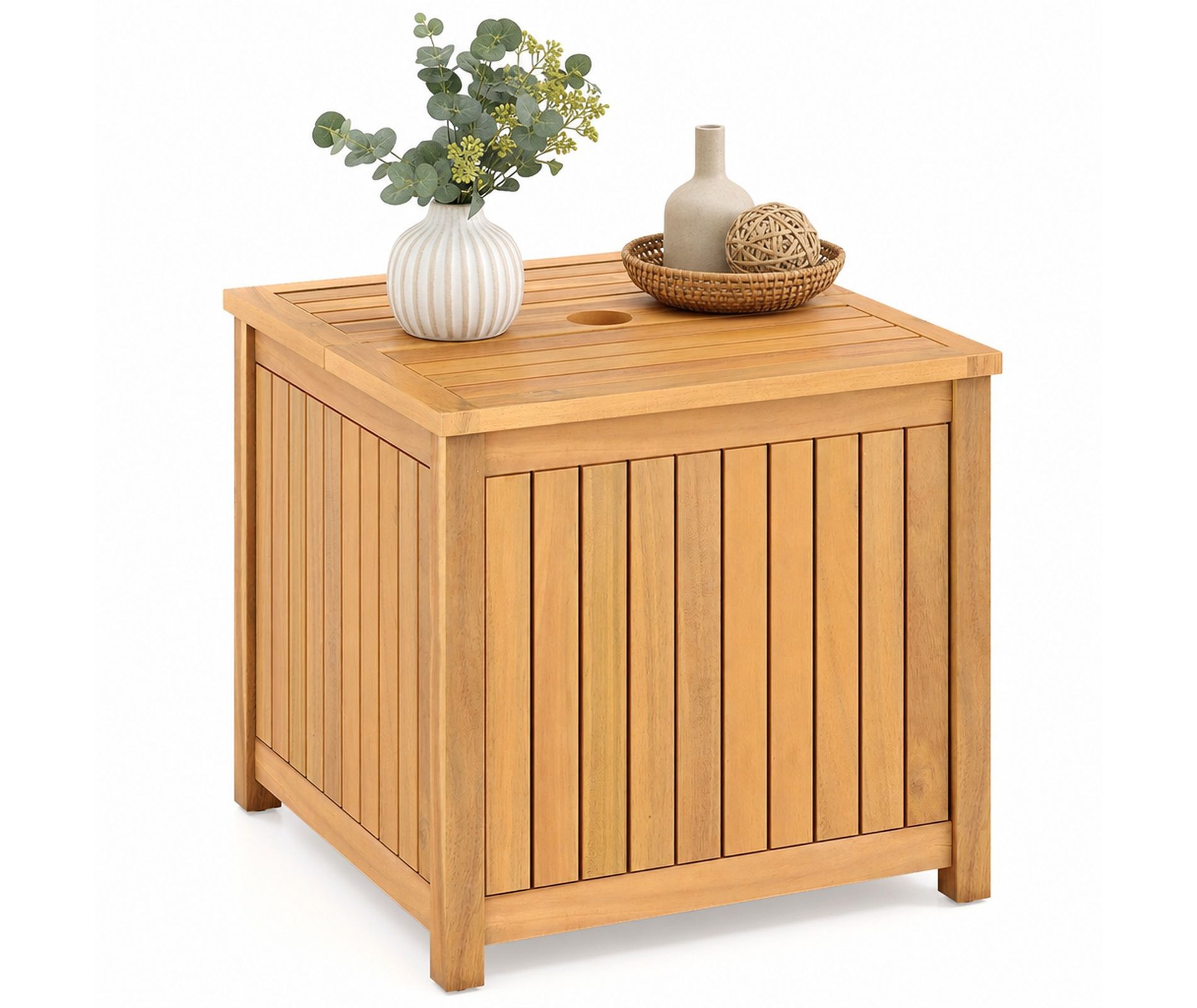 2-in-1 Acacia Wood Slatted Square Outdoor Patio Coffee Table with Storage Box