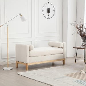 TROPOW Upholstered Bench - 53.5" W, Wood Legs, Bolster Pillows, Boucle Fabric, Caramel for Bedroom, Living Room, Entryway - 1 of 4