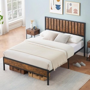 Full Size Brown Platform Bed with Wood Tone Headboard & Footboard, 14 Bar Steel Support, No Box Spring Needed, Quiet Modern Bedroom Frame - 1 of 4