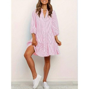 Women's Gingham Plaid Dress Lantern Sleeve Ruffle Shift Dress Button Down Swing Tunic Mini Dresses - 1 of 2