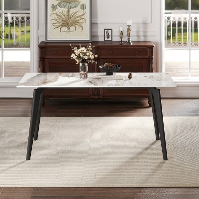 62" Modern Rectangular Dining Table for 6,Sintered Stone Top with Black Metal Legs,Small Space Kitchen or Dining Room Table-Maison Boucle