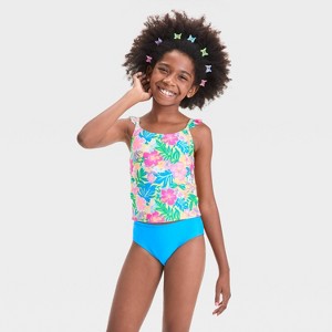 Girls' Seaside Hibiscus Floral Printed Tankini Set - Cat & Jack™ Blue - 1 of 3